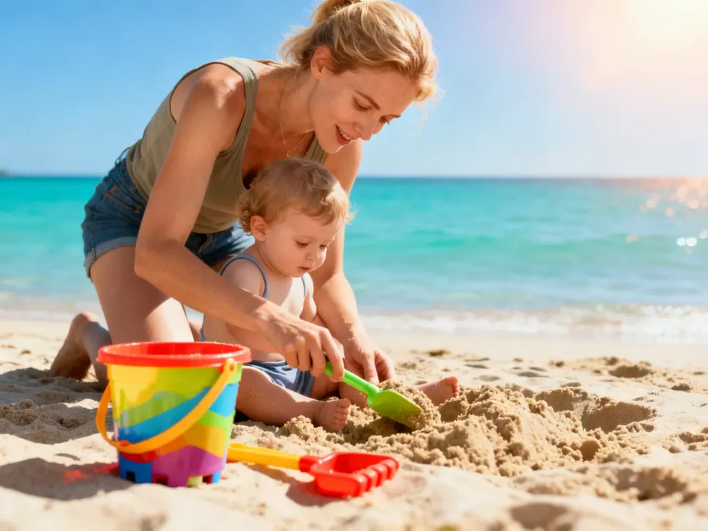 Mama z małym dzieckiem bawiący się na piaszczystej plaży nad spokojnym, turkusowym morzem w słoneczny dzień.