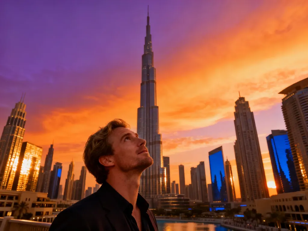 Mężczyzna podziwiający Burj Khalifa na tle panoramy Dubaju podczas zachodu słońca.