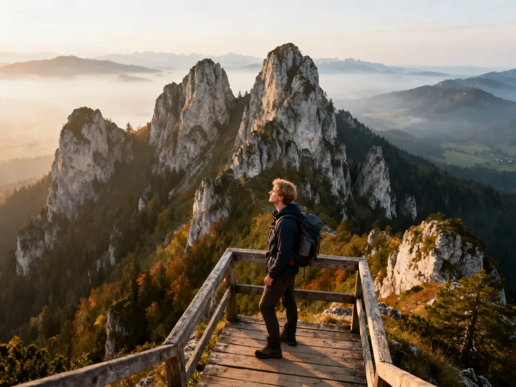 Turysta na drewnianej platformie widokowej podziwia panoramę Pienin i szczyty Trzech Koron w porannej mgle.