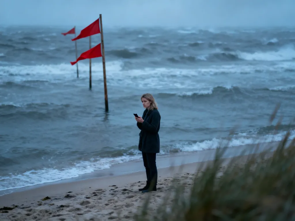 Kobieta na plaży sprawdza w telefonie informacje o stanie wody przy wywieszonych czerwonych flagach ostrzegawczych.