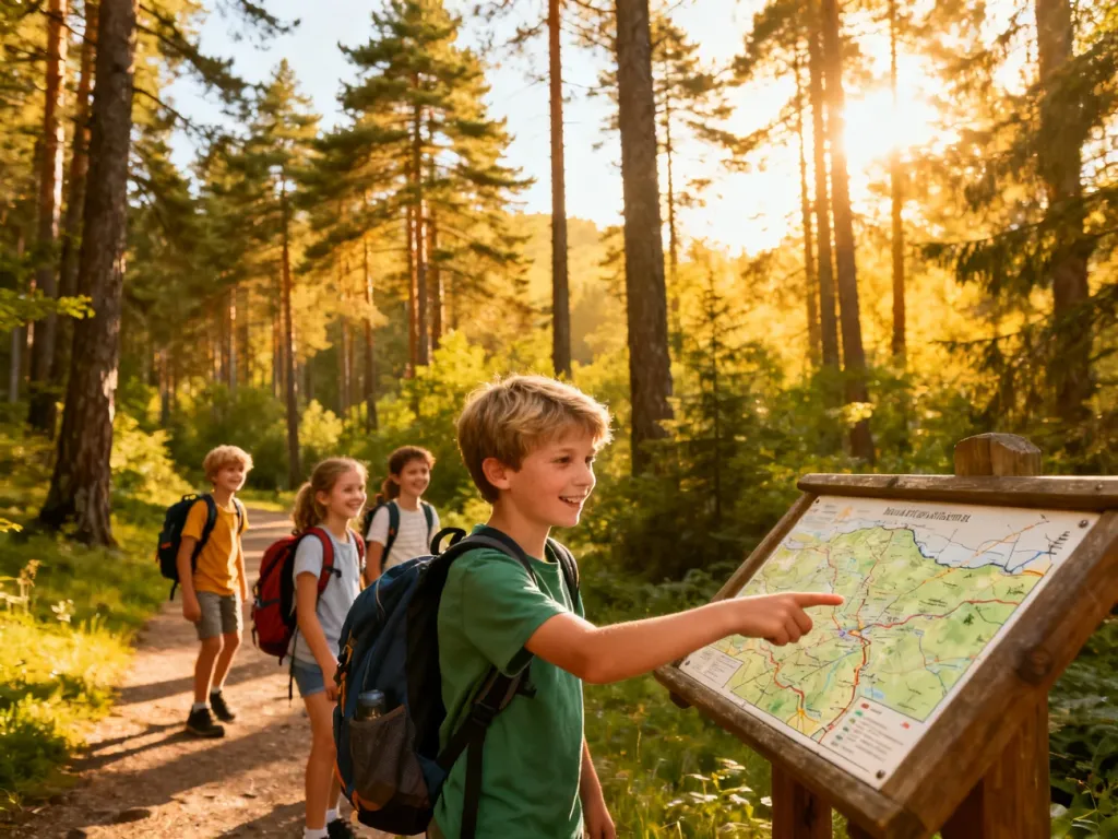 Grupa szczęśliwych dzieci z plecakami wędruje leśnym szlakiem, sprawdzając mapę podczas szkolnej wycieczki.