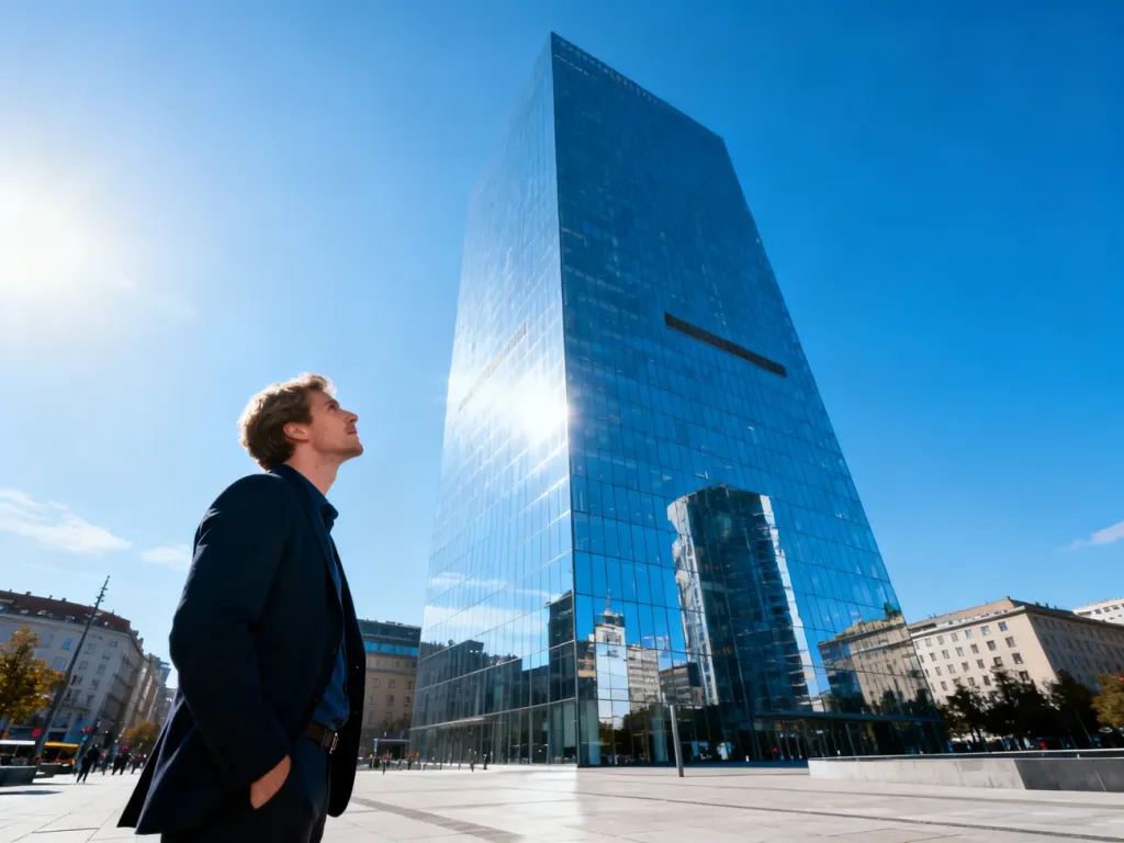 Mężczyzna patrzący w górę na nowoczesny wieżowiec Sky Tower odbijający błękitne niebo w szklanej elewacji.