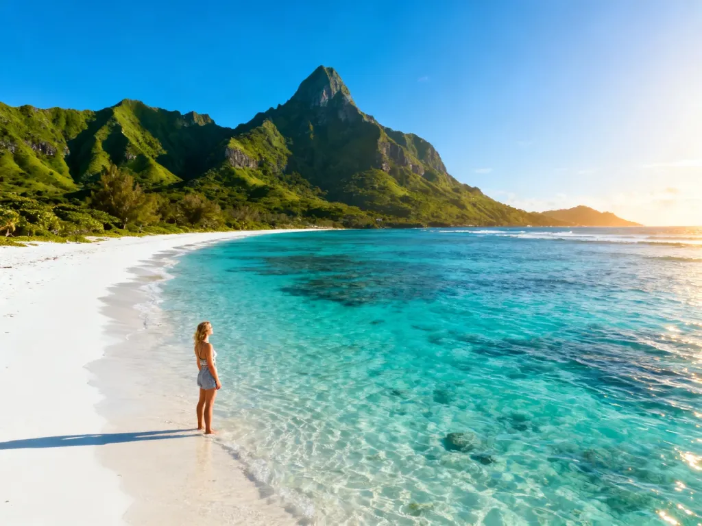 Turystka podziwiająca piaszczystą plażę i turkusowy ocean na tle zielonych gór Mauritiusa w słoneczny dzień.